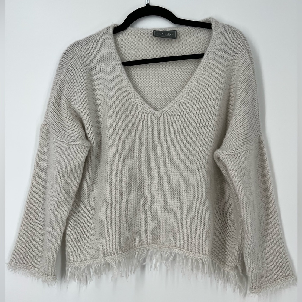 Wooden ships grey wool blend fringe hem slouchy v neck Kaia sweater